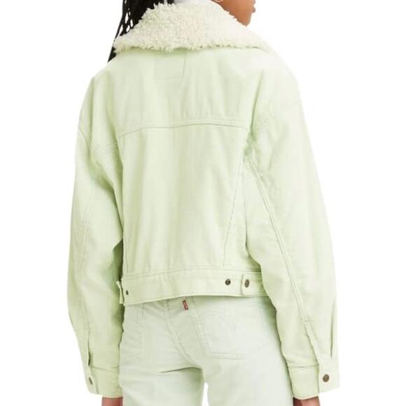 Levi Strauss Women’s Baby Cropped Corduroy Trucker Jacket Mint Green 3X Sherpa - Picture 2 of 16